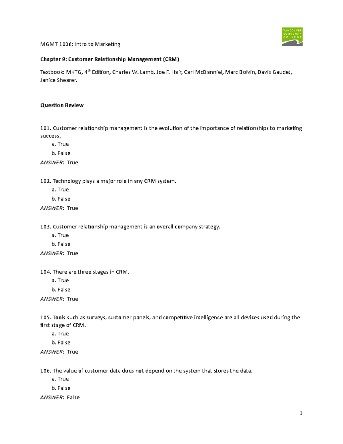 MAR - CH9 Questions-3 - Chapter 9: Customer Relationship Management ...