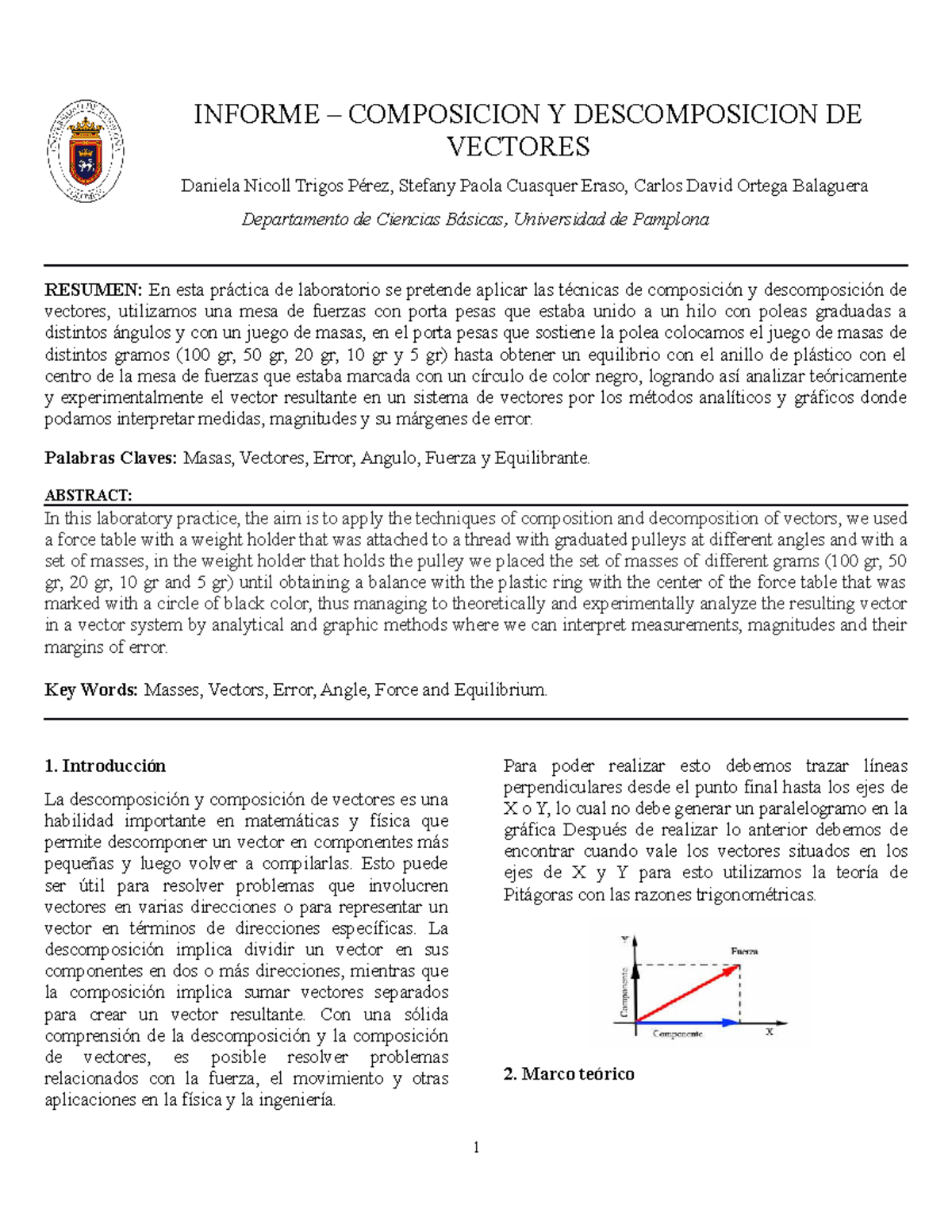 Informe De Fisica Composicion Y Descomposicion De Vectores Informe