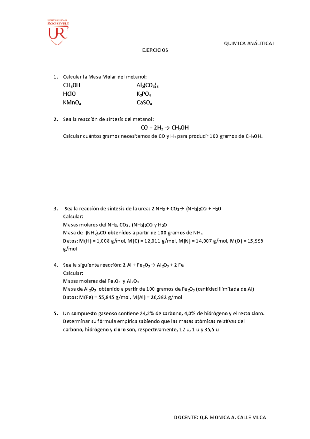 Ejercicios MASA Molar 1 EJERCICIOS Calcular La Masa Molar Del