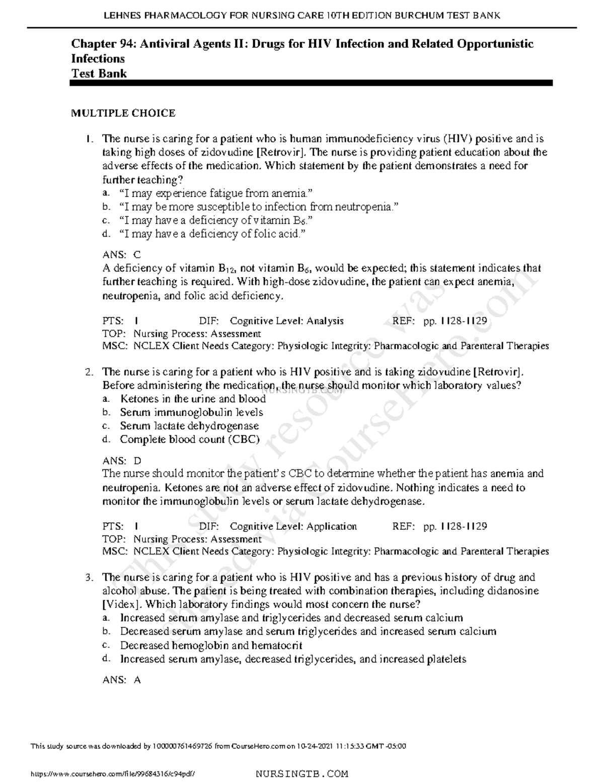 Practice Questions Lehne's Pharm Chapter 94 - NURS 323 - Studocu