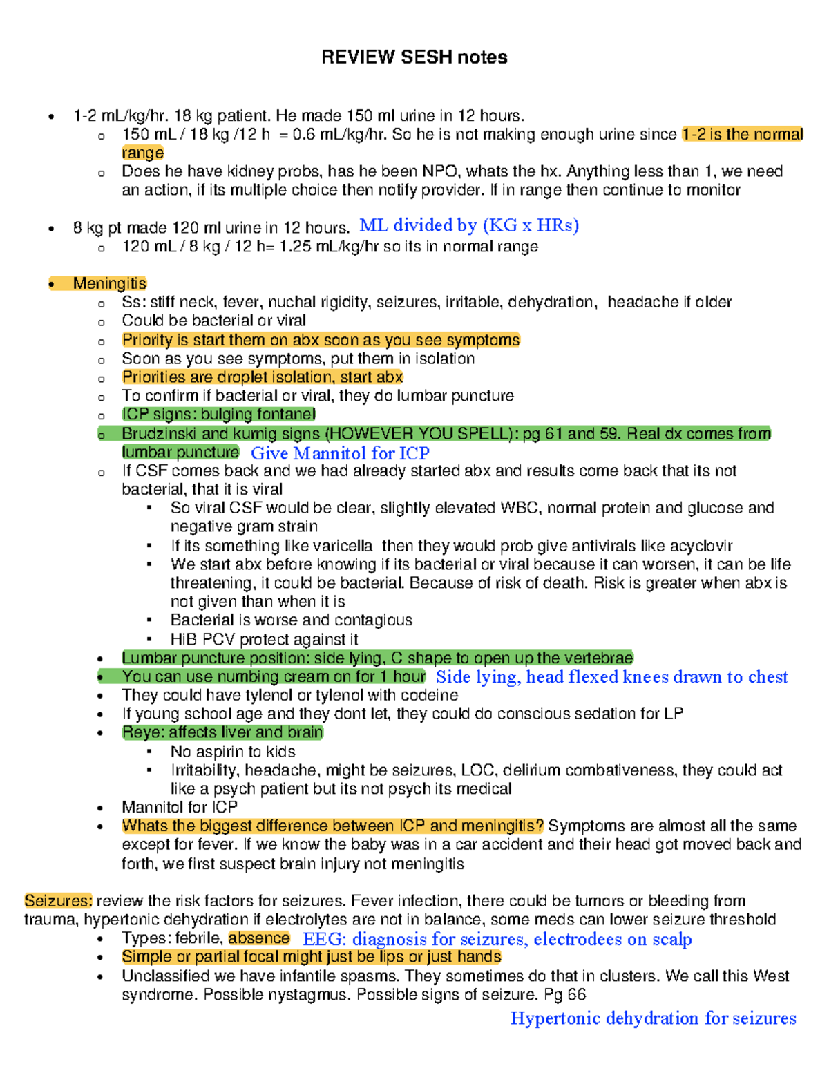 Review SESH notes week 5 - REVIEW SESH notes 1-2 mL/kg/hr. 18 kg ...