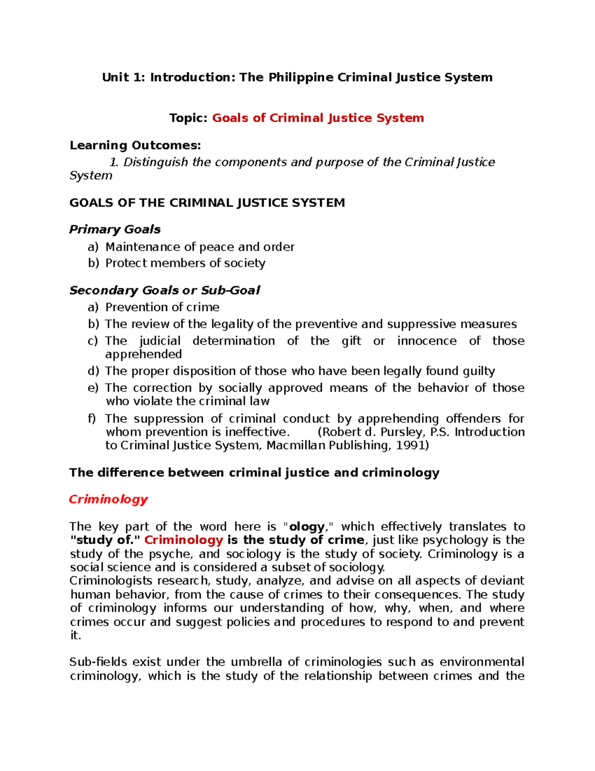 Goals of Criminal Justice System - Unit 1: Introduction: The Philippine ...