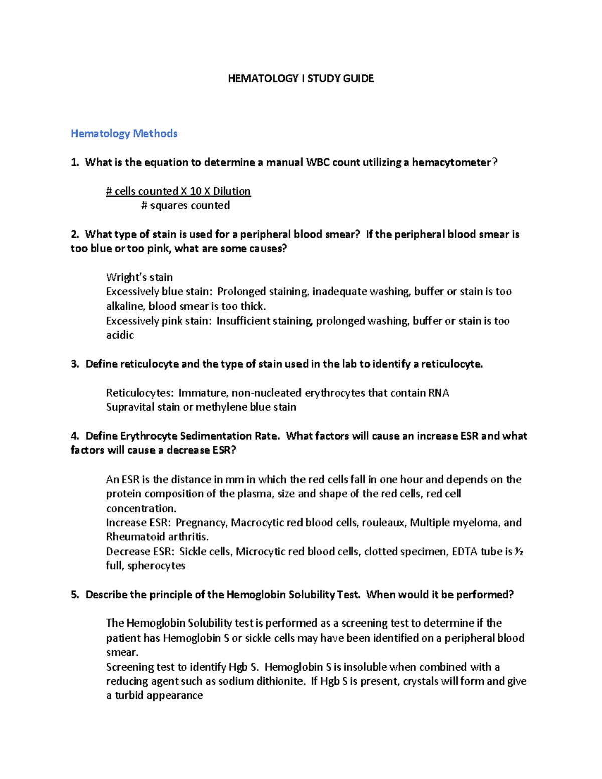 Hematology I Review - HEMATOLOGY I STUDY GUIDE Hematology Methods What ...