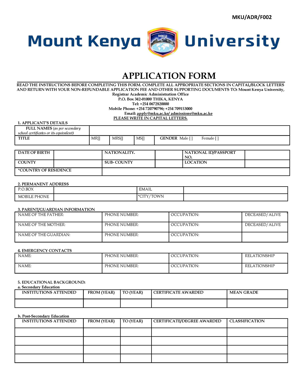 application letter for mount kenya university