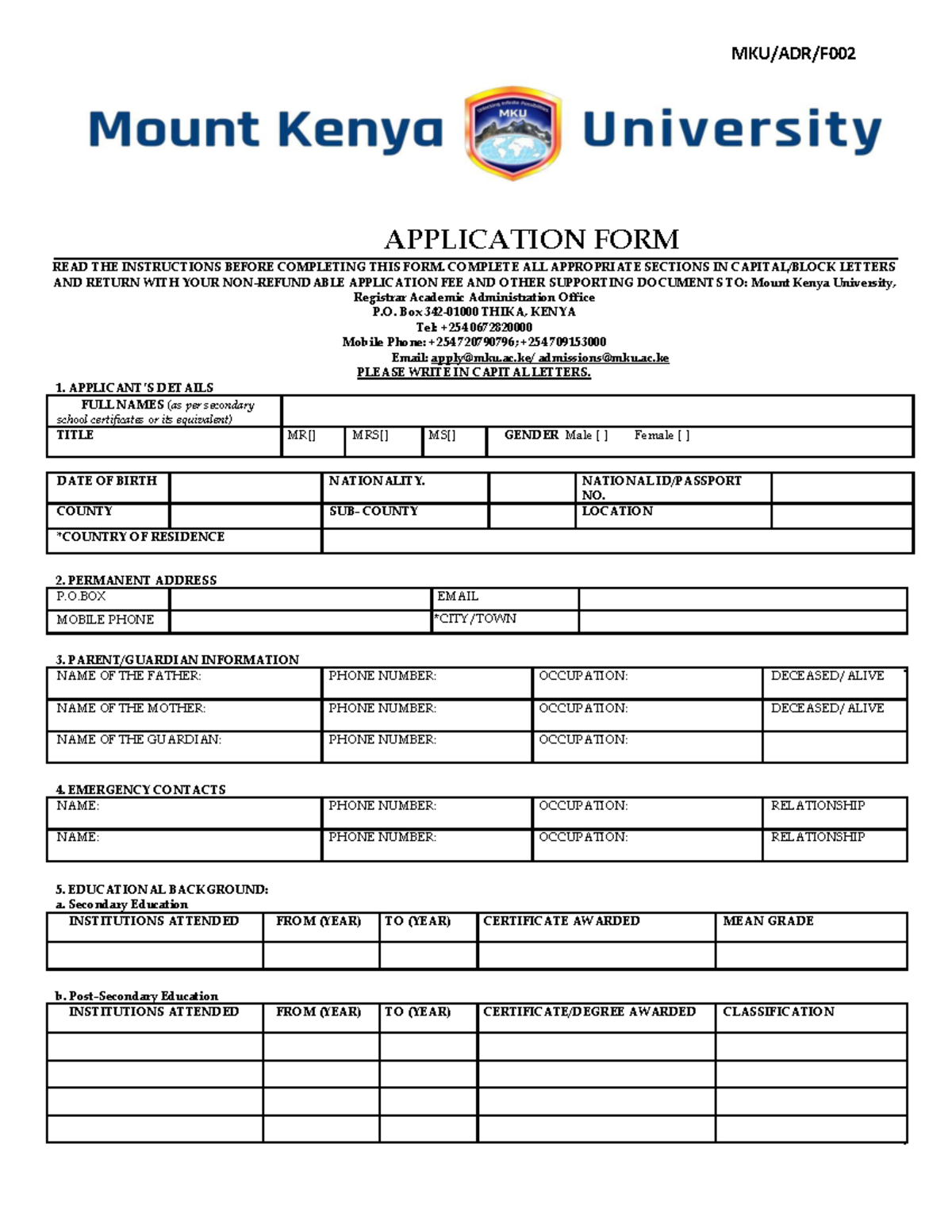 application letter for mount kenya university