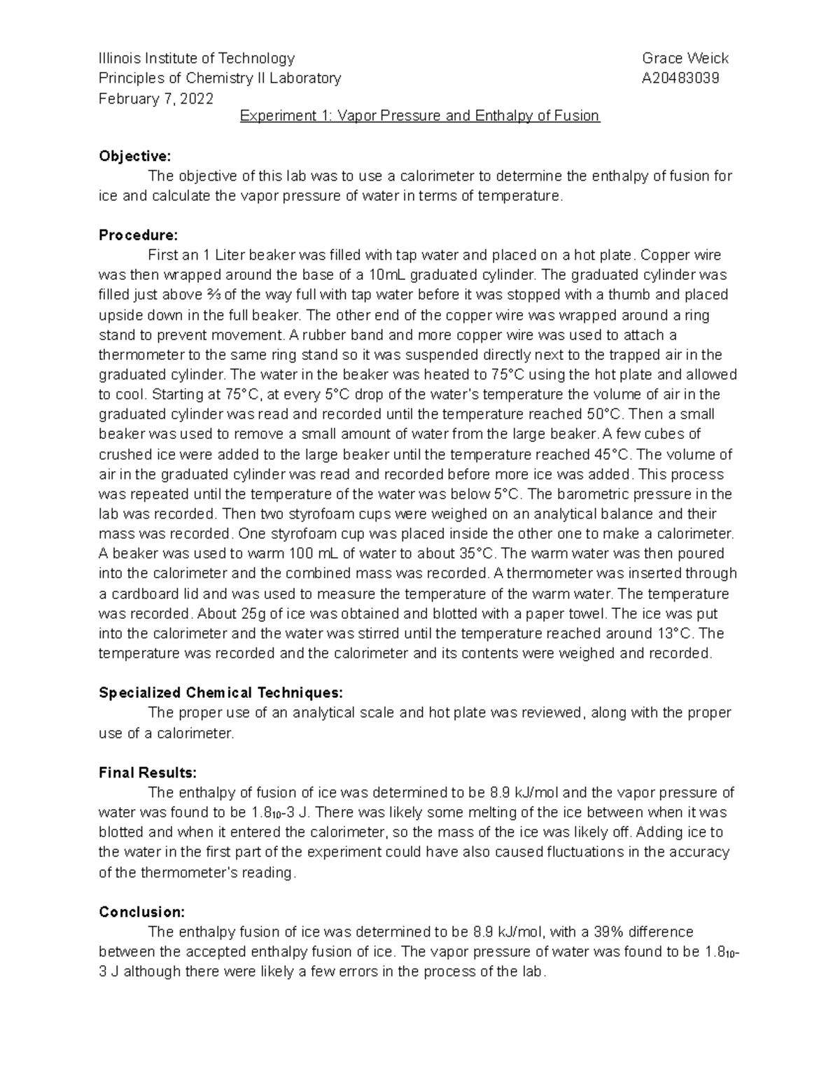 lab report experiment 2 chemistry matriculation