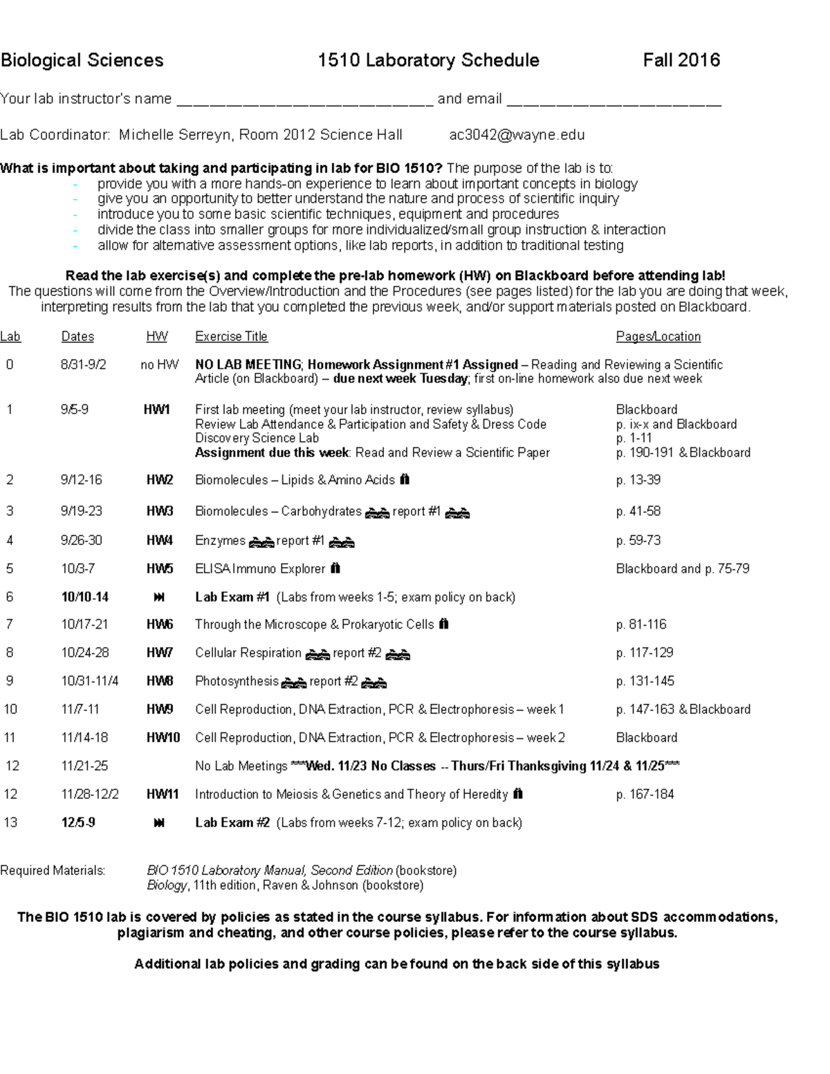 BIO 1510 Fall 2016 lab syllabus - Biological Sciences 1510 Laboratory ...