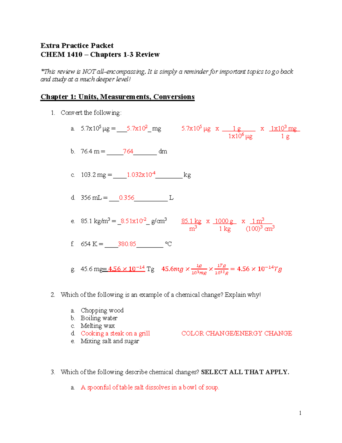 Practice Packet Chapters 1-3 Answer key - Extra Practice Packet CHEM ...