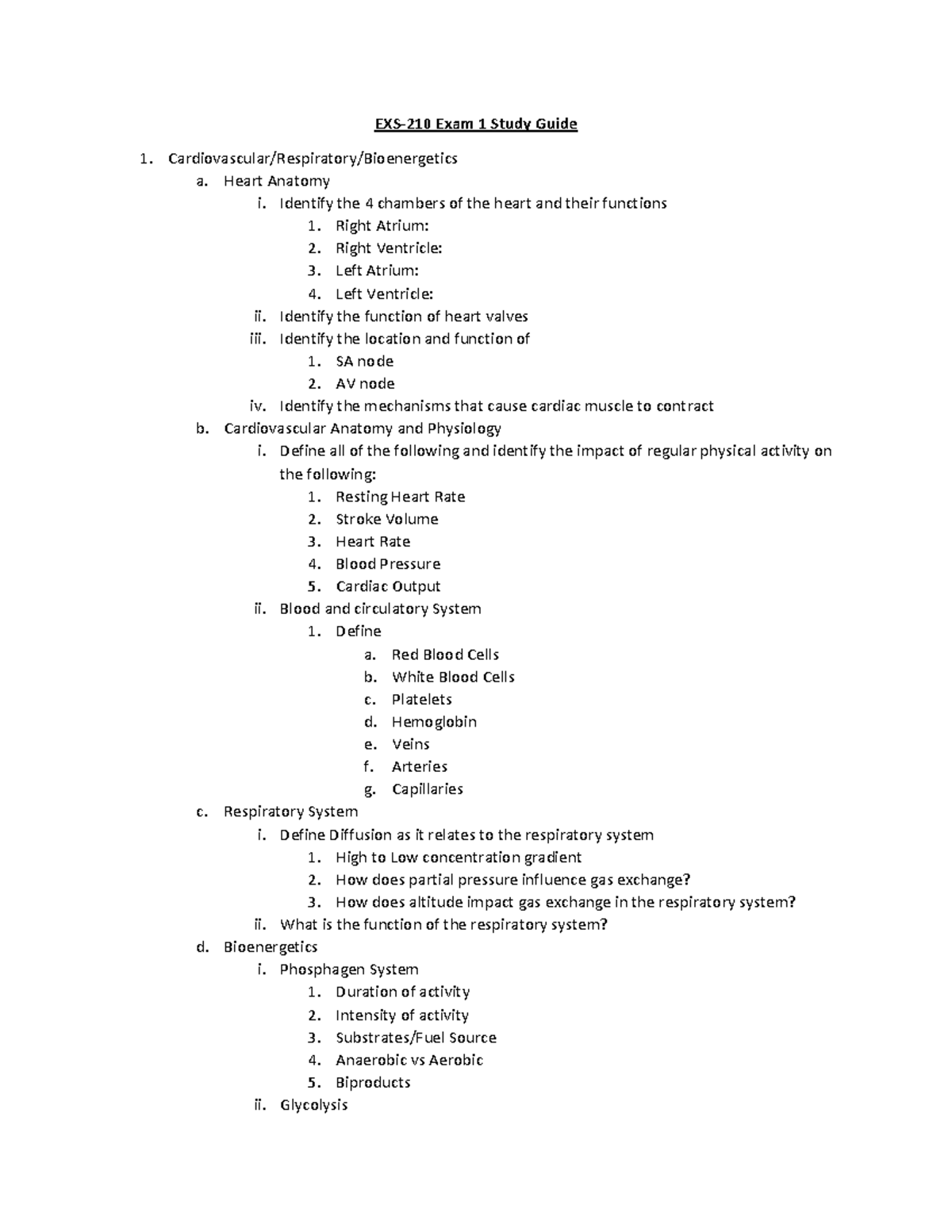 EXS 210 Exam 1 Study Guide - EXS- 210 Exam 1 Study Guide Cardiovascular ...