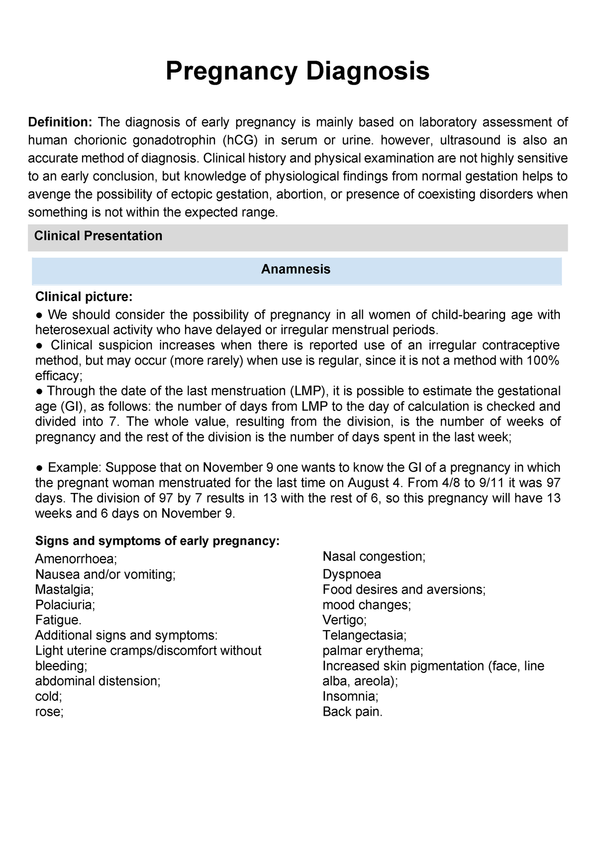 Diagnosis of pregnancy