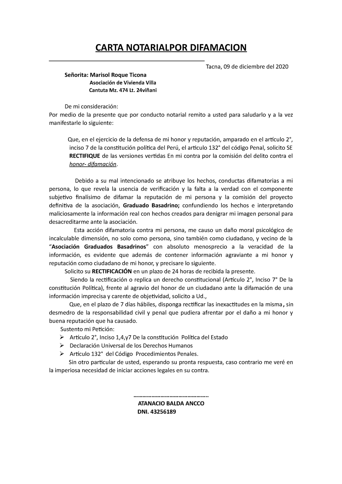 Carta Notarial Por Difamación Urgente Carta Notarialpor Difamacion Tacna 09 De Diciembre Del 5317