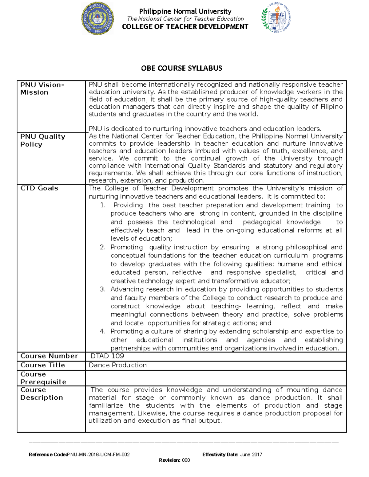 Final Dance Production) revised - OBE COURSE SYLLABUS PNU Vision ...