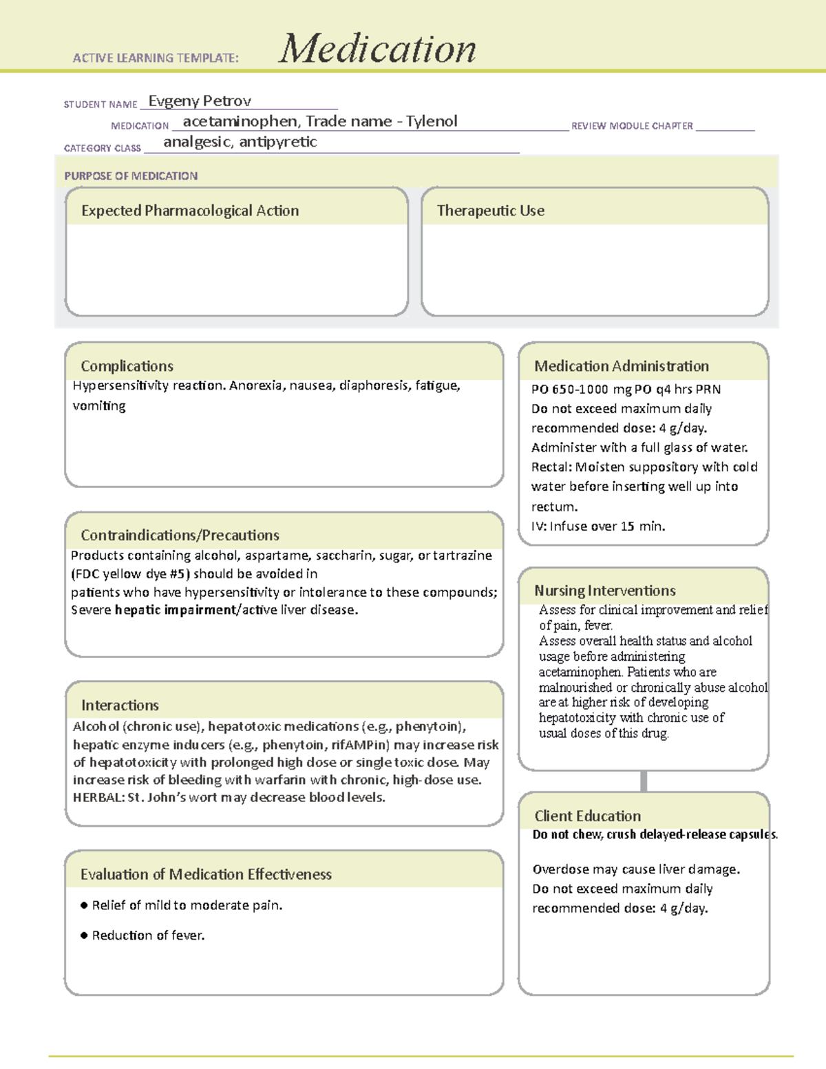 Acetaminophen active learning template STUDENT NAME