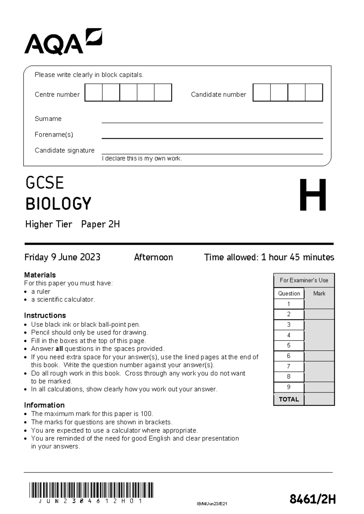 June23-BiologyPaper2-QuestionPaper - Jun2384612H01 IB/M/Jun23/E21 8461 ...