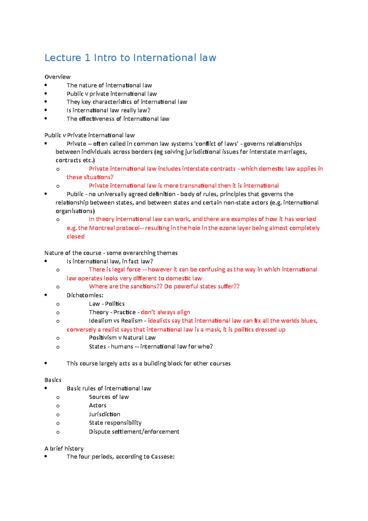 INT law lecture notes - Lecture 1 Intro to International law Overview ...