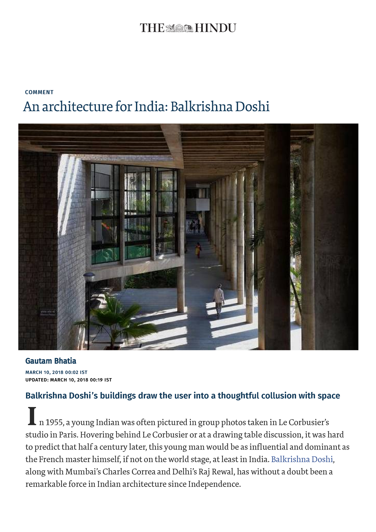 An architecture for India Balkrishna Doshi - The Hindu - COMMENT An ...