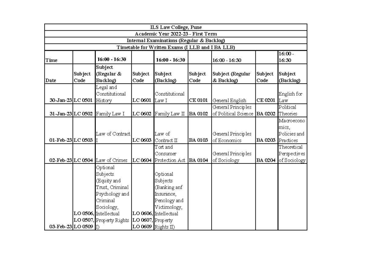 Timetable for Written Exams I LLB and BA LLB Regular and Backlog 1 ...
