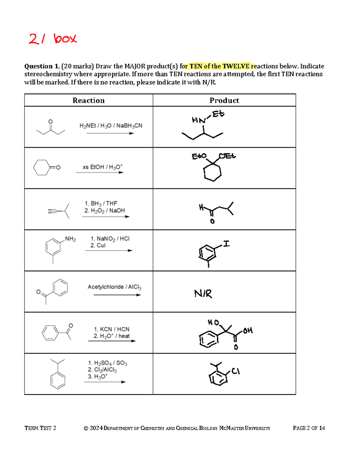 CHEM 2OB3 TERM TEST 2 – Summer 2024 Answers - Question 1. (2 0 marks ...