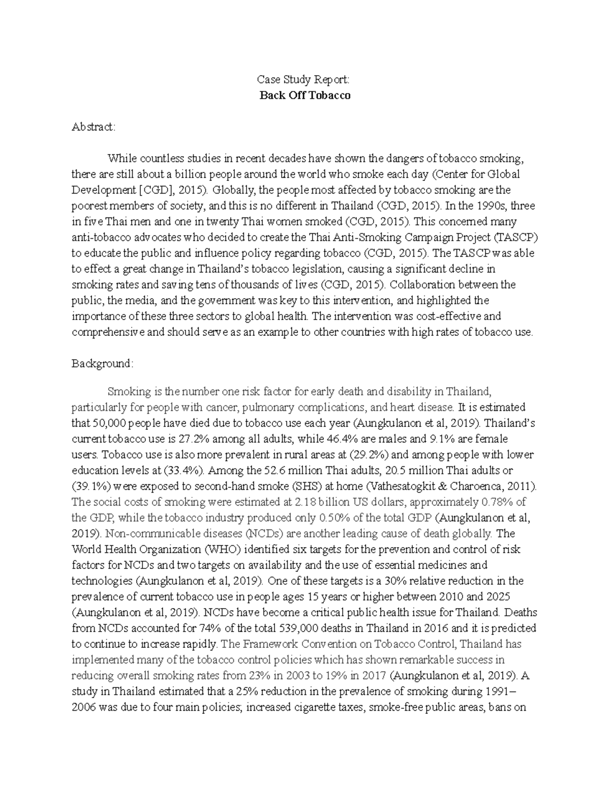 Case Study Report #7 - Case Study Report: Back Off Tobacco Abstract ...