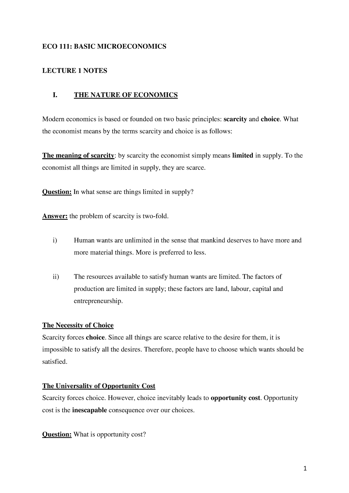 ECO 111 Lecture 1 Notes - ECO 111: BASIC MICROECONOMICS LECTURE 1 NOTES ...