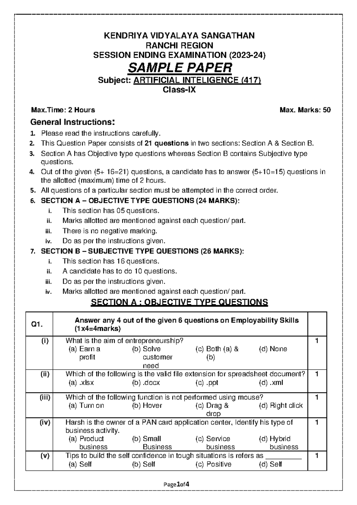 Sample Paper SEE Artificial Intelligence - Class IX - KENDRIYA ...
