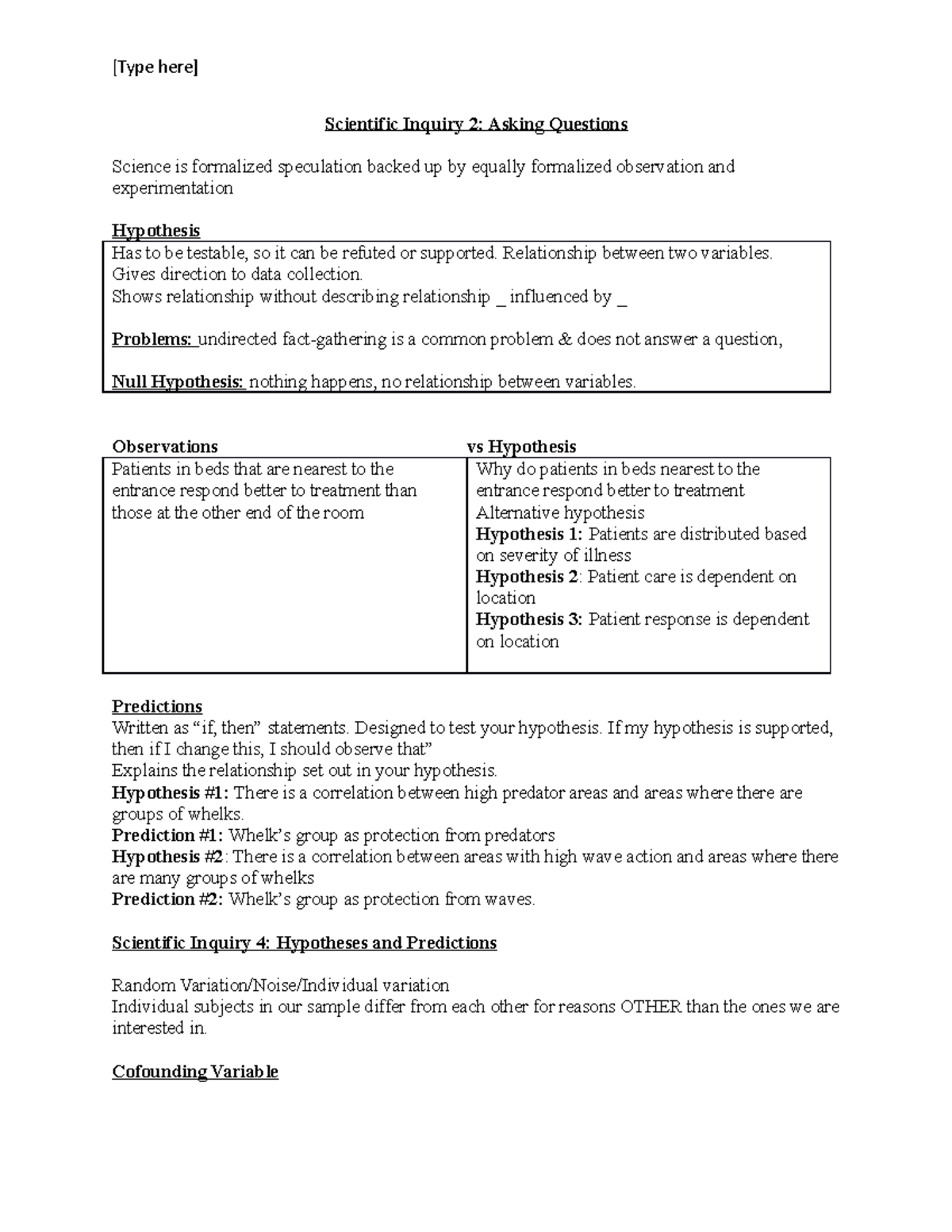BIOL1105 Midterm - Lecture notes 1-9 - [Type here] Scientific Inquiry 2 ...