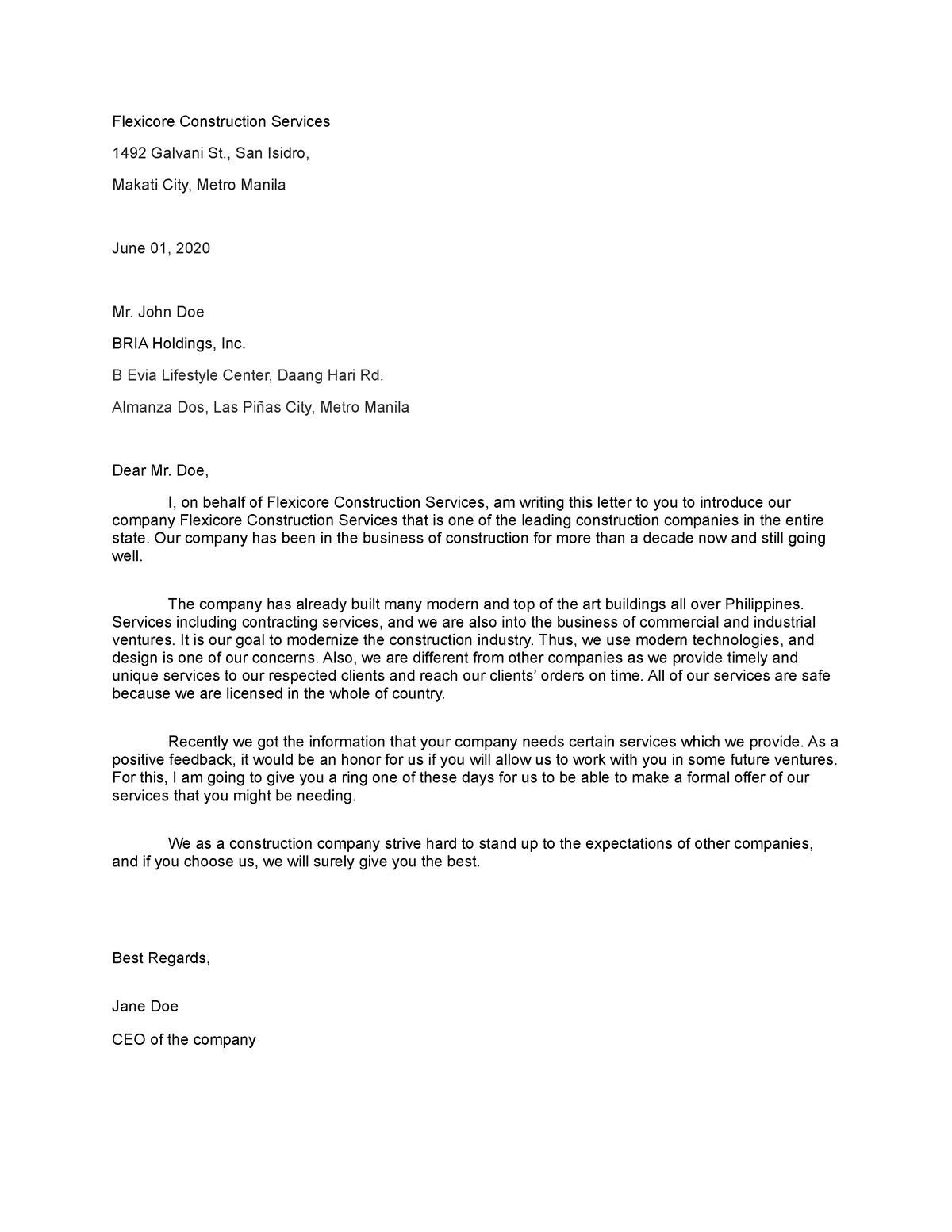 Example of business letter 1 - Flexicore Construction Services 1492 ...