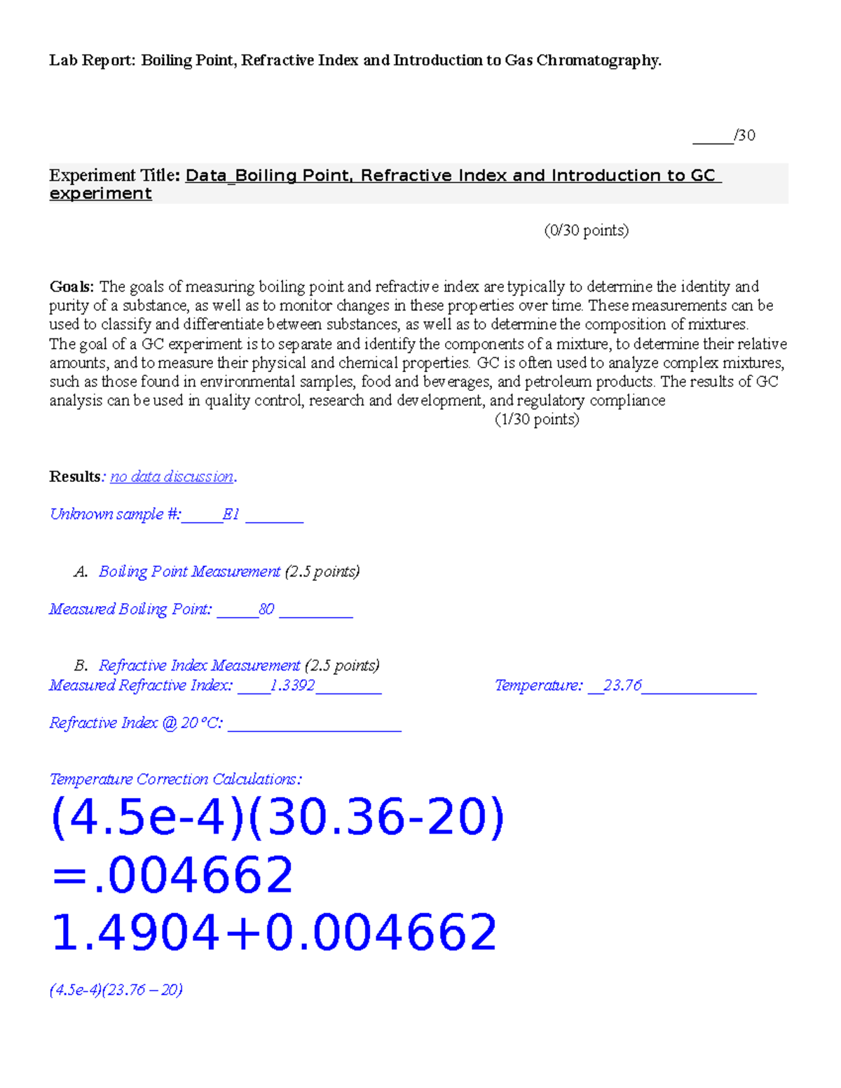 Lab Report Boiling Point; Refractive Index and Introduction to GC