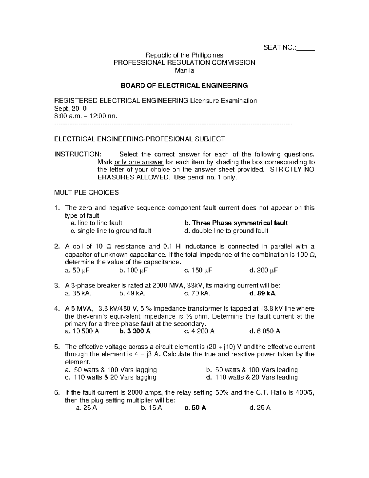 Electrical Engg Reviewer Module 1 SEAT NO._____ Republic of the