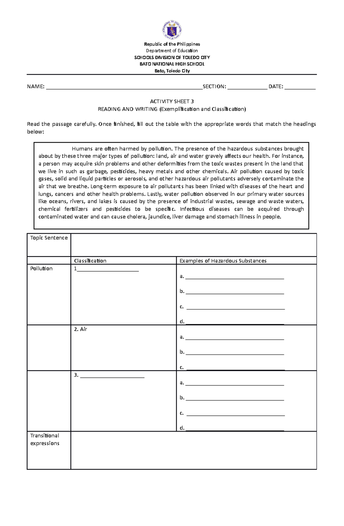 1 RW Activity Sheet Exemplification And Classification - Department Of ...