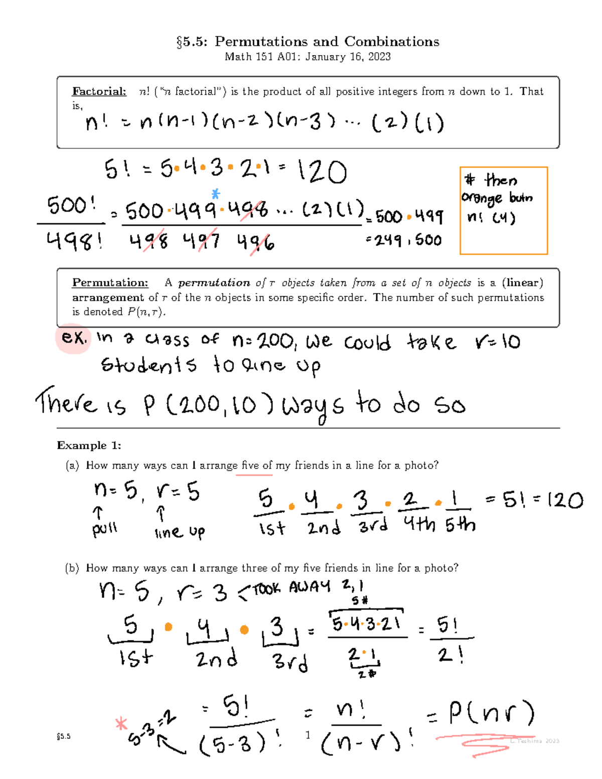 Section 5 in class notes §5 Permutations and Combinations Math 151