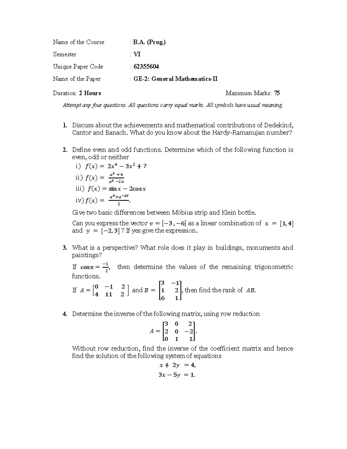 General Mathematics-2 (2020) - Name of the Course : B. (Prog.) Semester ...