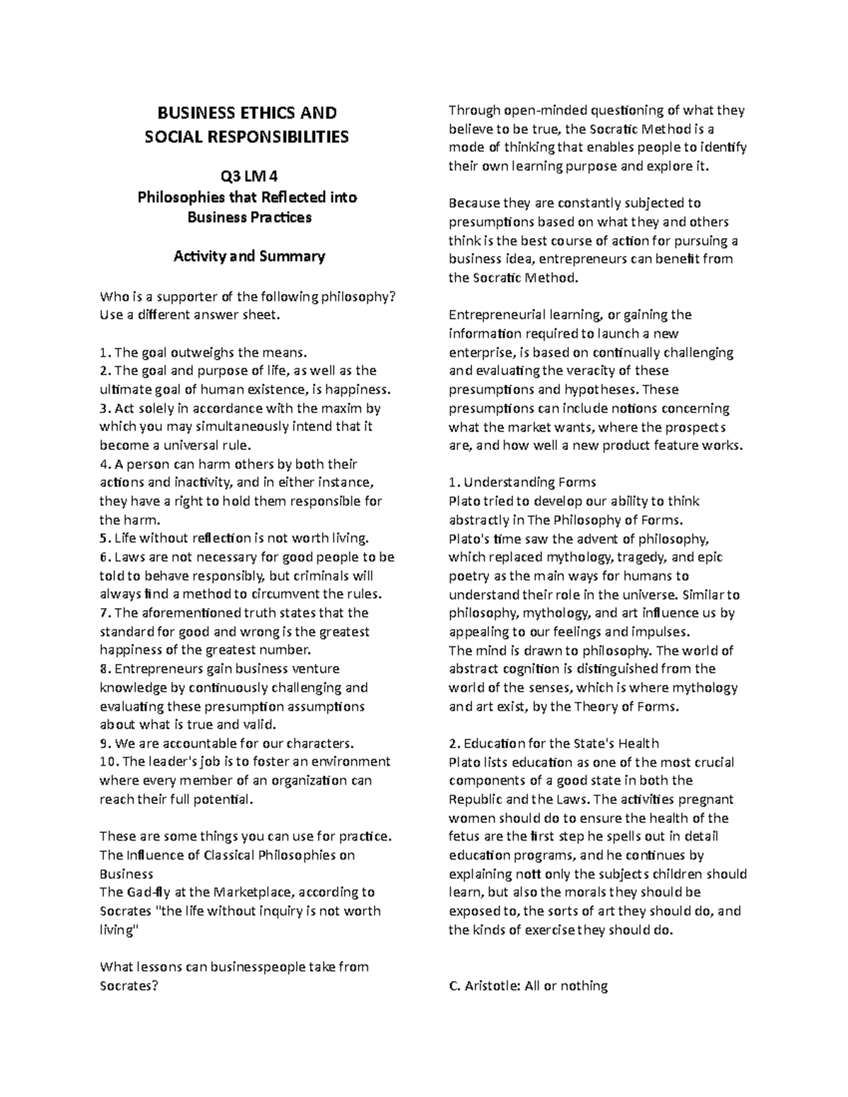 Business Ethics Summary Q3 LM 4-4 - BUSINESS ETHICS AND SOCIAL ...