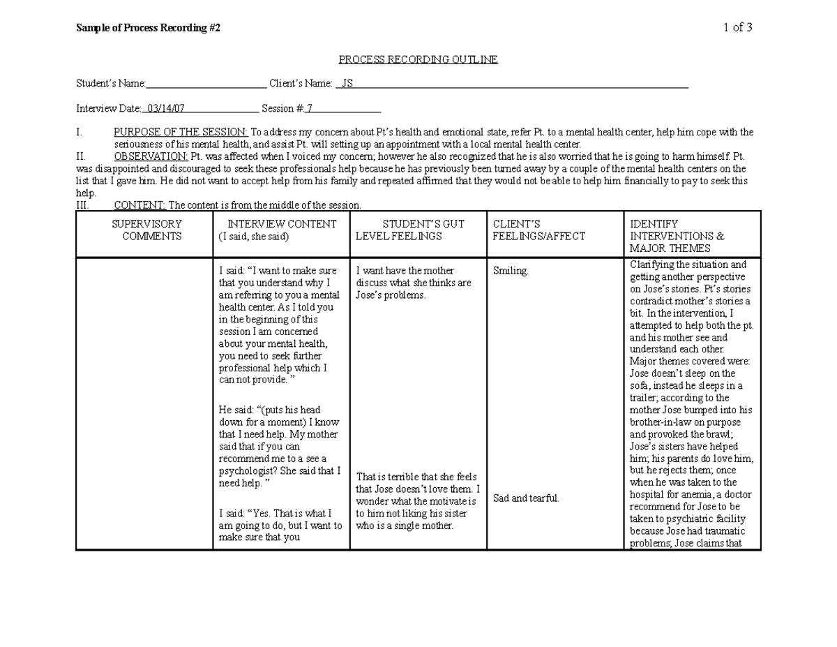 Processrecordingexample 1 Sample of Process Recording 2 1 of 3