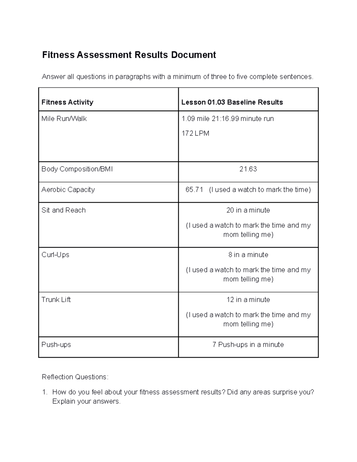 Fitness assessment results A - Fitness Assessment Results Document ...