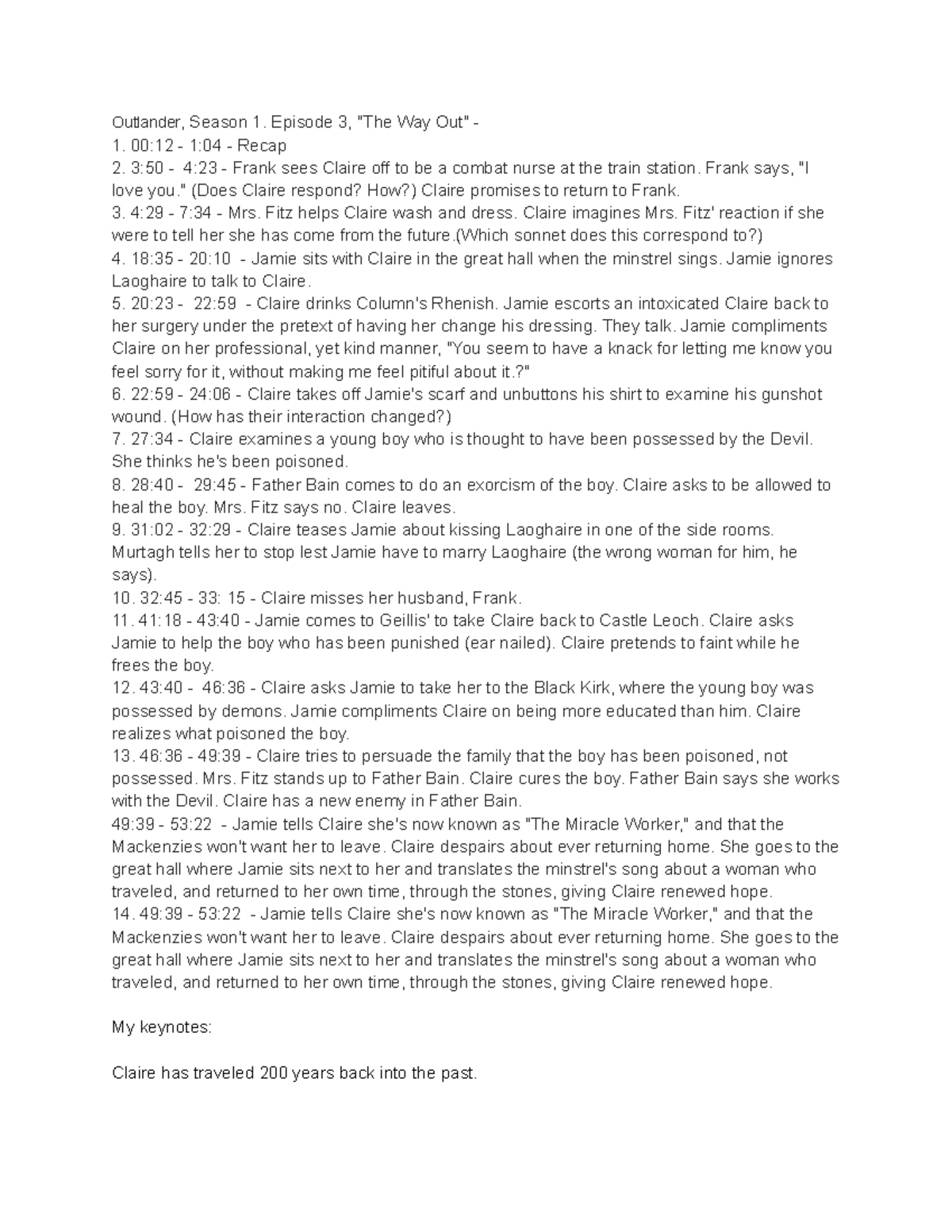 ENG 1121 Outlander Notes Part C - 2XWODQGHU 6HDVRQ (SLVRGH 7KH :D\ 2XW ...