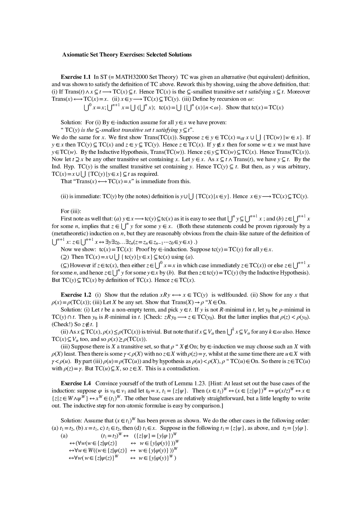 Axiomatic Set Theory MATHM1300 Exercise Solutions - Axiomatic Set ...