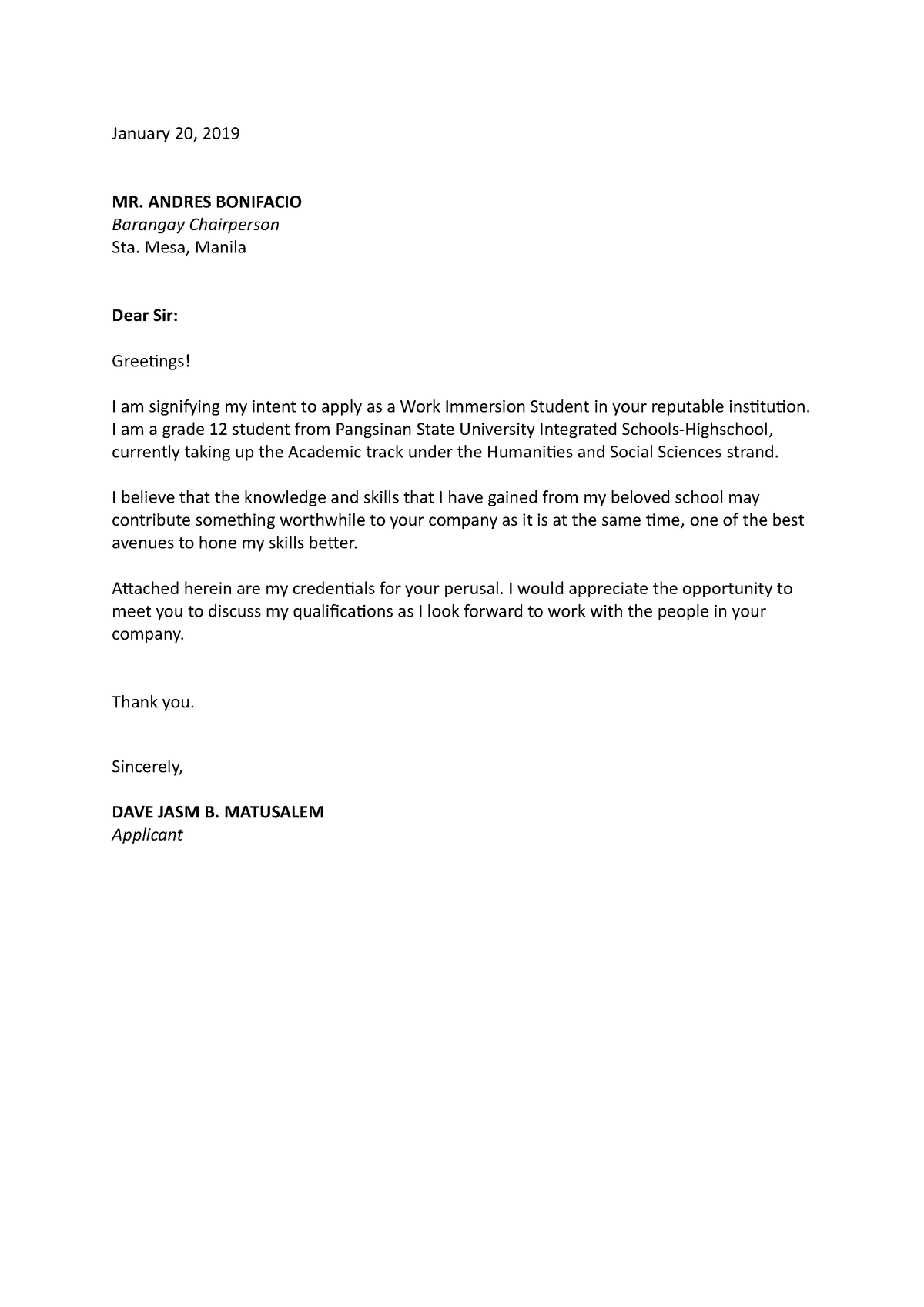 Application letter Jasm Matusalem - January 20, 2019 MR. ANDRES ...