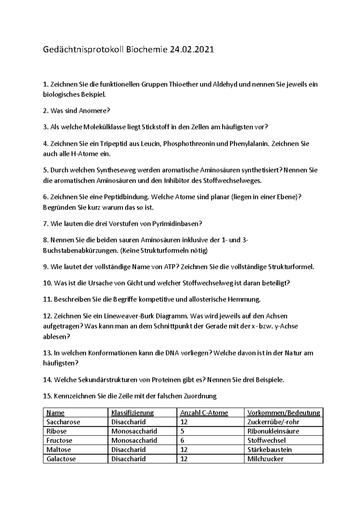 Gedächtnisprotokoll Biochemie 24 - Zeichnen Sie die funktionellen ...