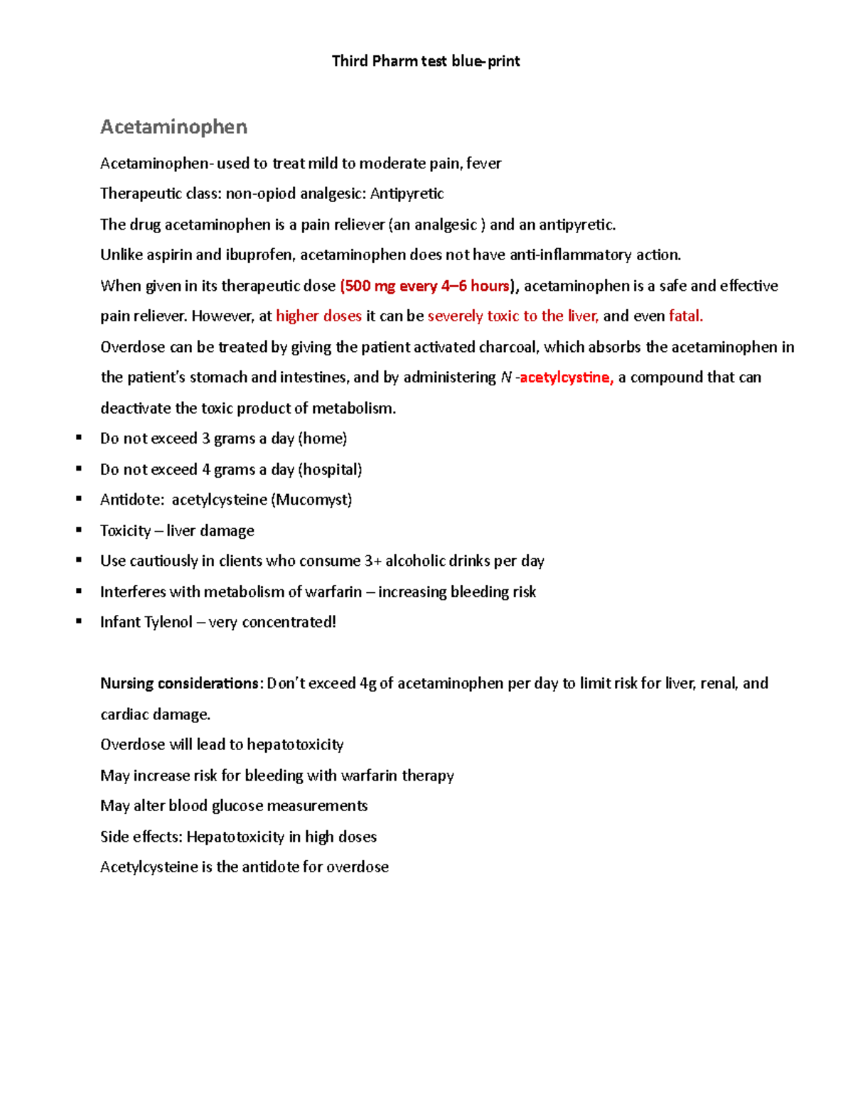 Pharm exam 3 test study guide 2022 Acetaminophen Acetaminophen used