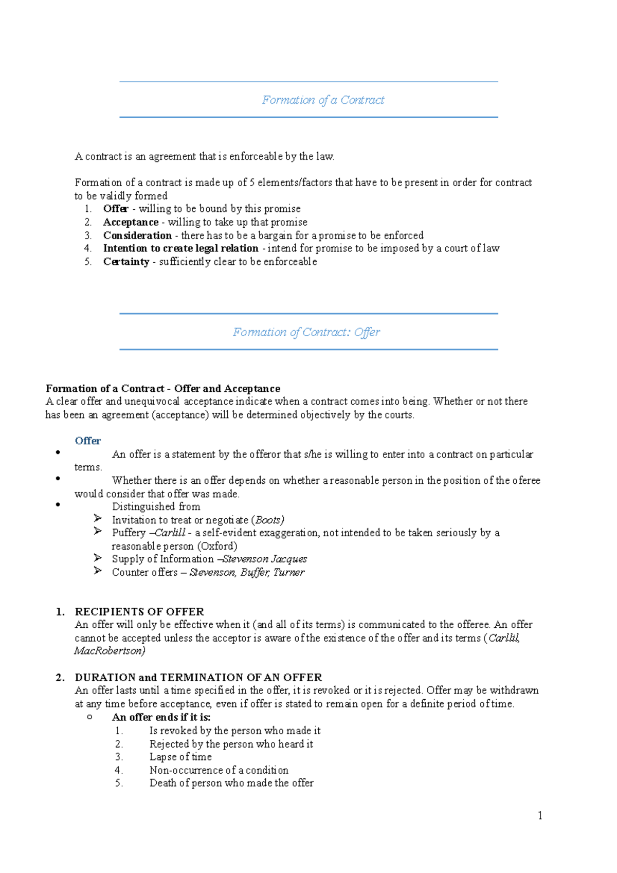 Contracts best notes NS - Formation of a Contract A contract is an ...