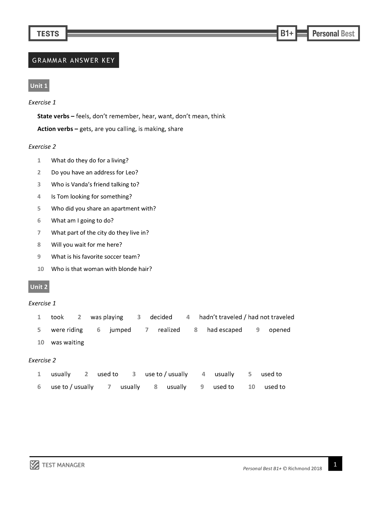 Personal Best B1 Grammar Tests Answer Key - 1 G R A M M A R A N S W E R K E Y Unit 1 Exercise 1 ...