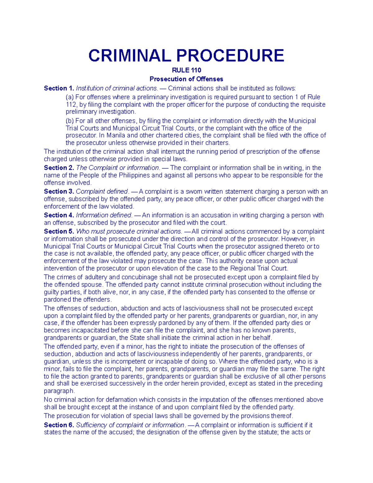 Criminal Procedure - CRIMINAL PROCEDURE RULE 110 Prosecution Of ...