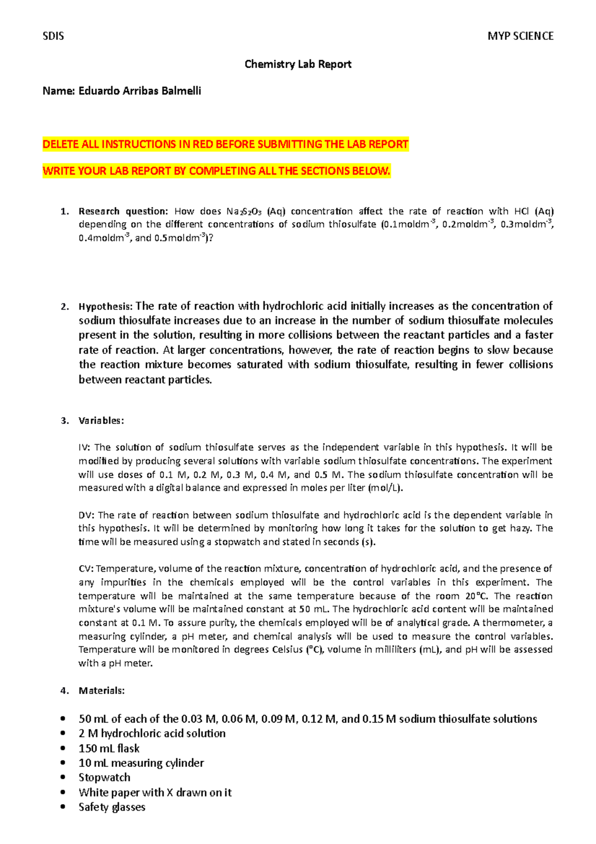 Lab report Template JGS Gr 9 2023 - Chemistry Lab Report Name: Eduardo ...