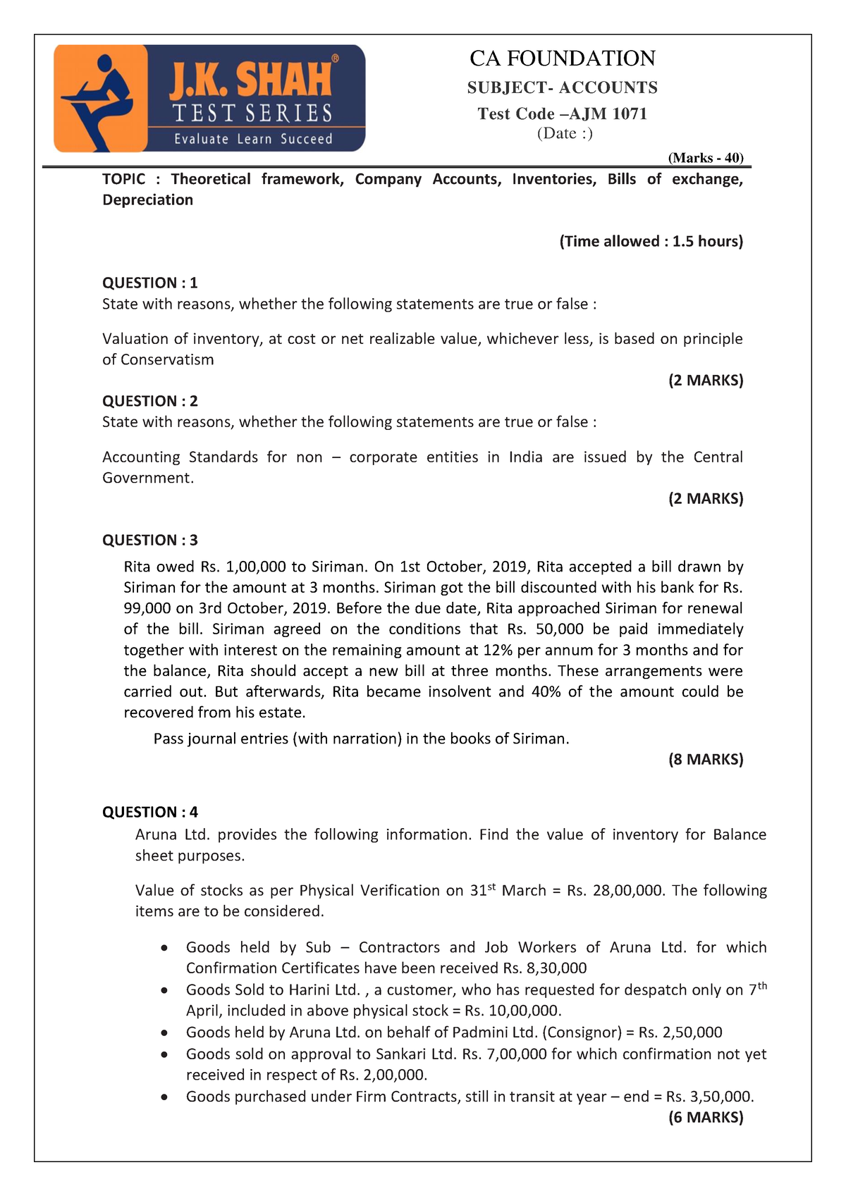 Cafcaccountspaper 1 Questionpaper - CA FOUNDATION SUBJECT- ACCOUNTS ...