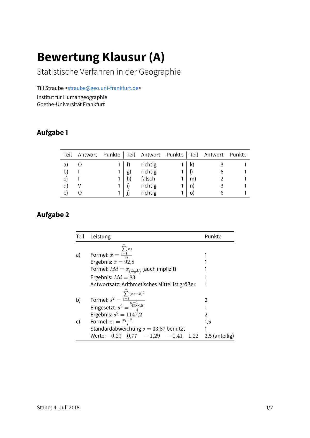 2018 Klausur Schluessel - Bewertung Klausur (A) Statistische Verfahren ...