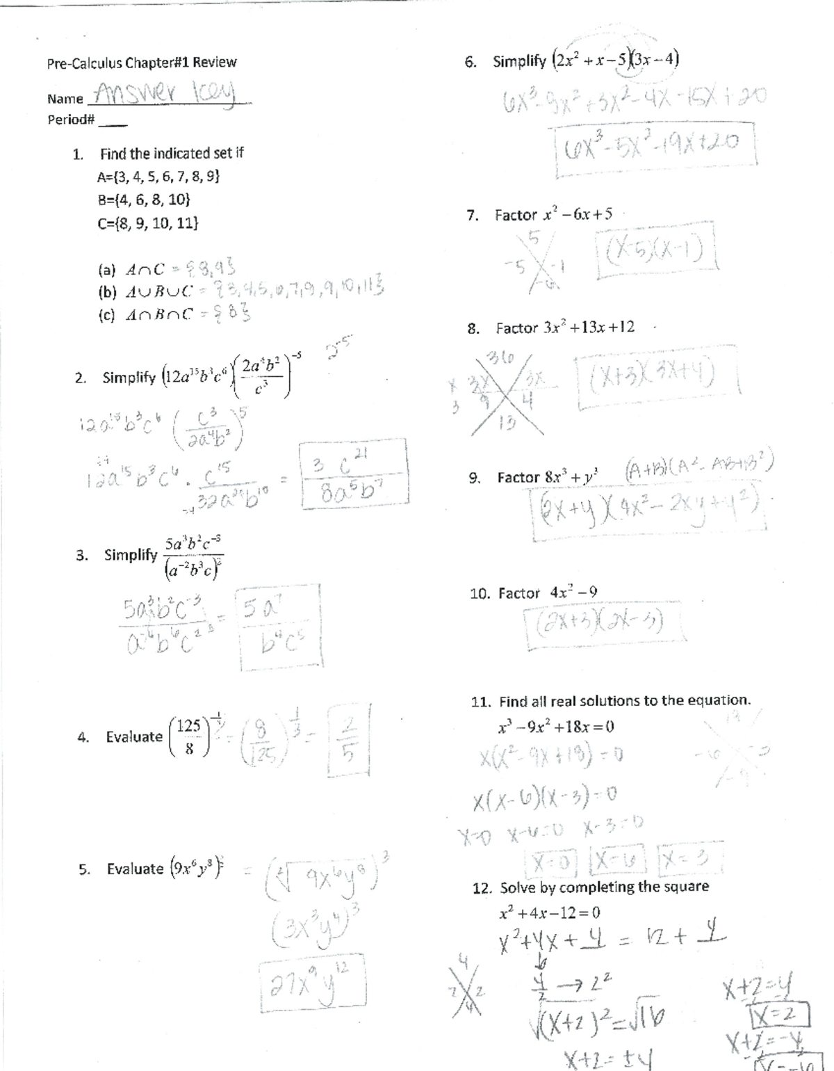 Precal Ch1 Review Answer Key - MAT 171 - Studocu