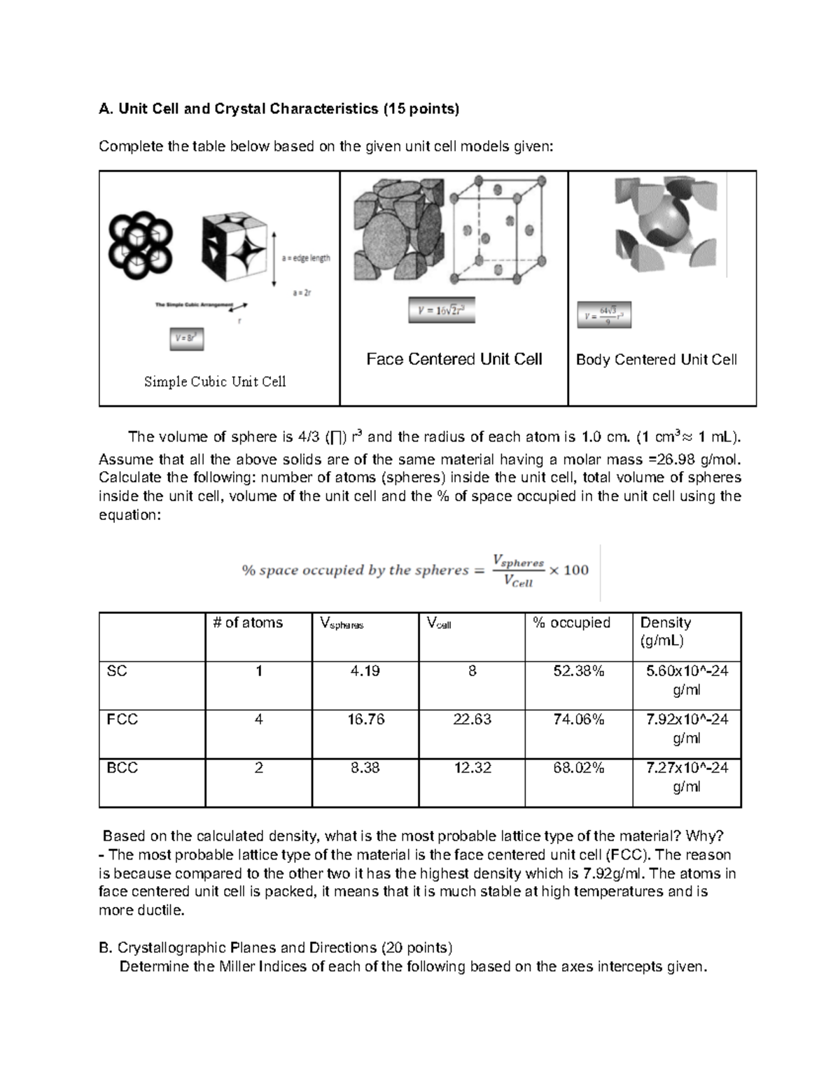 Chemistry 1 - A. Unit Cell and Crystal Characteristics (15 points ...