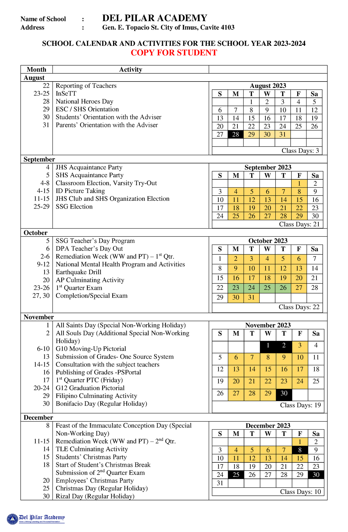 DPA-Calendar-of-Activities FOR- Students - Name Of School : DEL PILAR ...