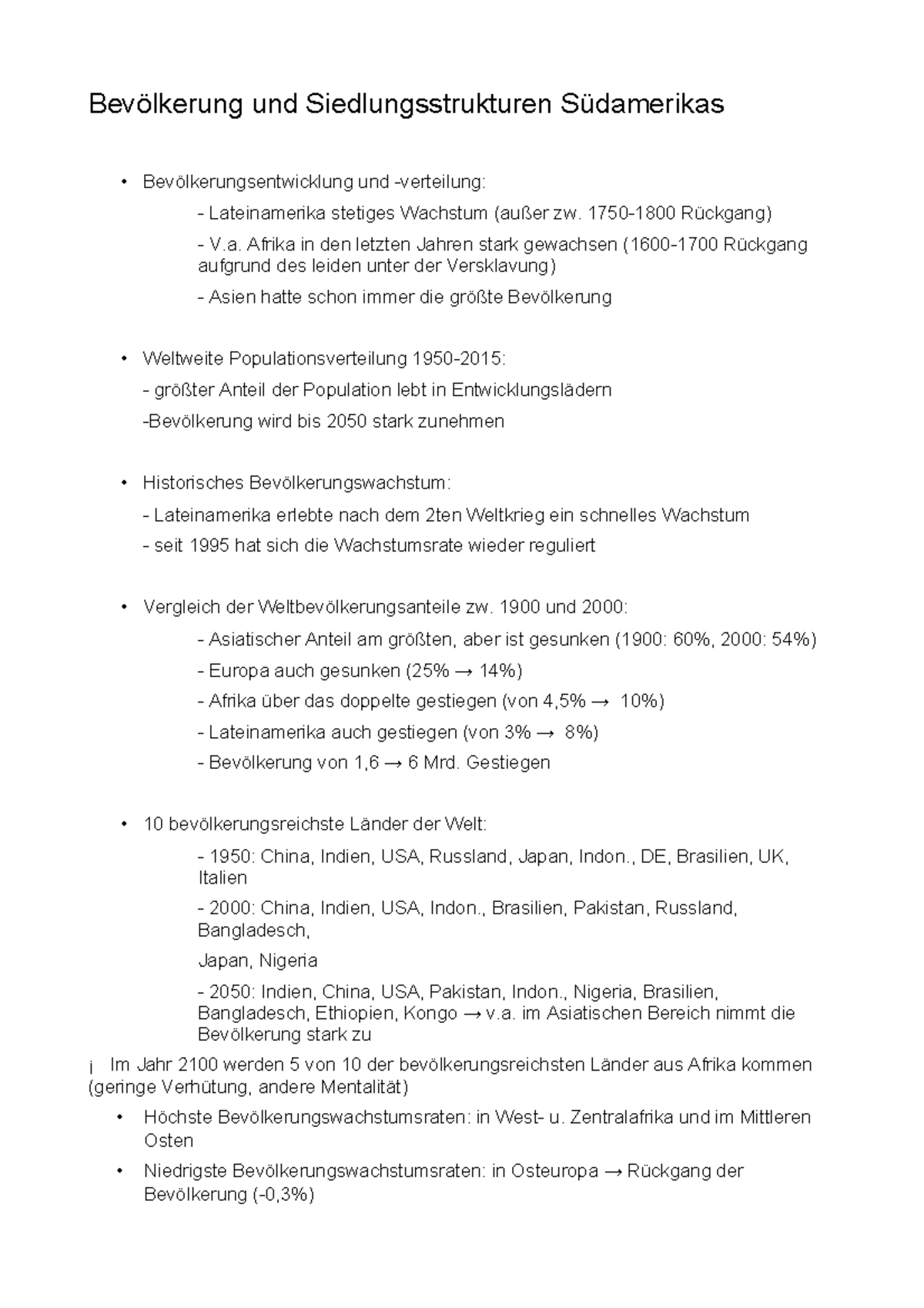 Bevlkerung und siedlungsstruktur Südamerikas Allgemeine/Regionale